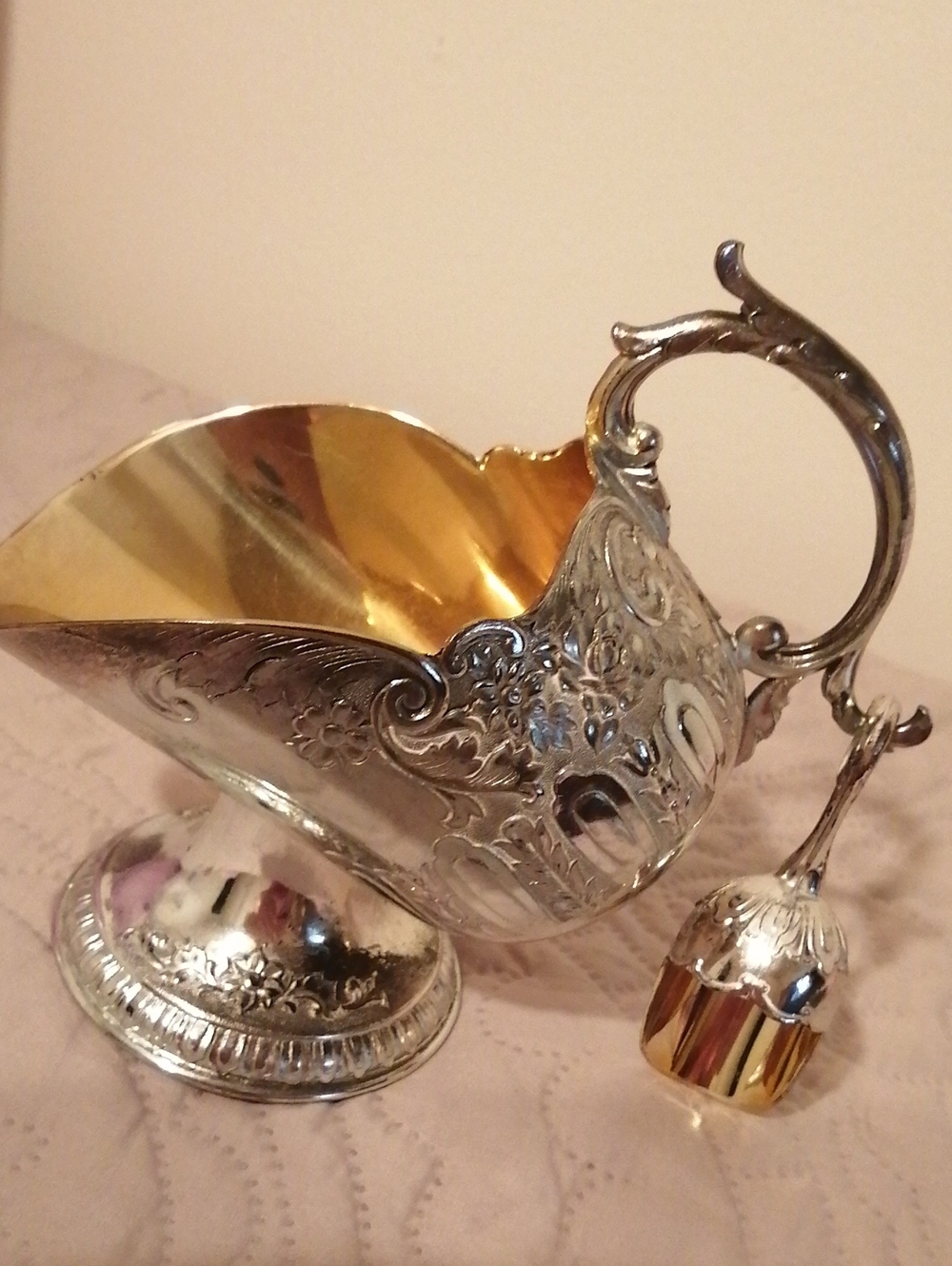 Vintage Silver Plated Gold Washed Pedestal Sugar Scuttle And Mini Scoop Set
